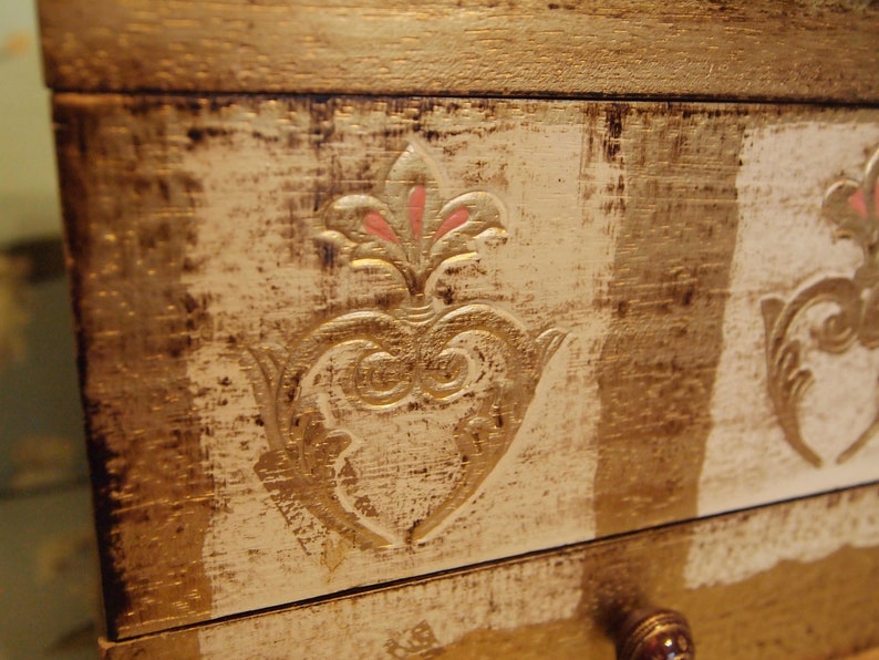 Hand Stenciled Painted Gilded Embossed Fleur de Lis 7.75 Italian Style Decorated Wood Vintage Florentine Musical Jewelry Box