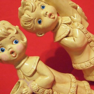 Vintage Christmas Figurine Candle Holders - Mid Century Choir Boy Girl - Antiqued Finish - Hollow Ceramic Holiday Decoration - 9"