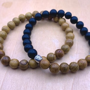 Golden Wood Bead Bracelet - Black Onyx & Silver Accents