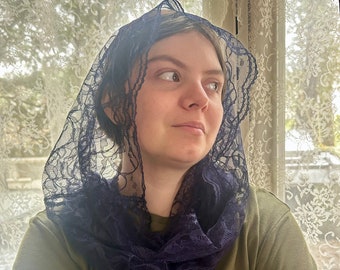 Beautiful blue, lace infinity chapel veil/ mantilla