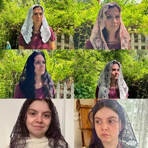 May include: A collage of four images featuring women wearing different styles of lace veils. The veils are white, black, and pink, and they are all made of delicate lace. The women are wearing a variety of clothing, including a black shirt, a striped shirt, and a white shirt.