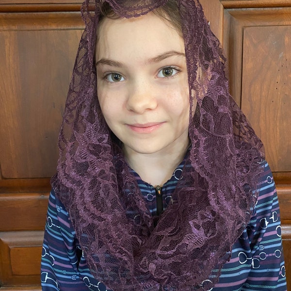 Beautiful purple eggplant lace infinity veil. Just in time for Lent!