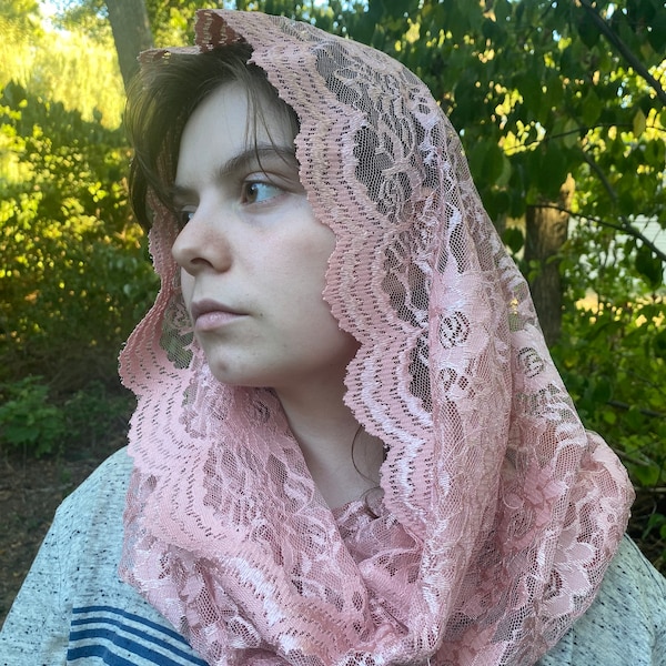 Lace dusty rose infinity chapel veil/ mantilla