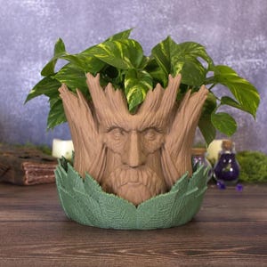May include: A light brown planter shaped like a weathered tree face with a textured bark surface. The base is surrounded by a ring of sculpted green leaves. A vibrant green pothos plant with variegated leaves grows out of the top of the planter.