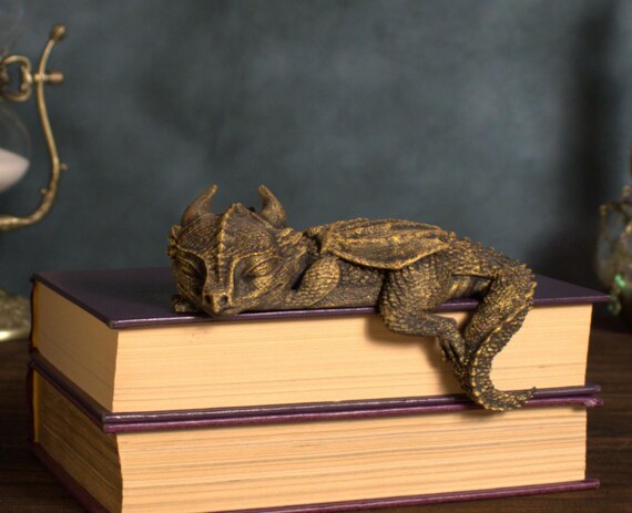 Sleepy Dragon Hatchling Bookshelf Decor – Fantasy Figurine | Book Nook Companion