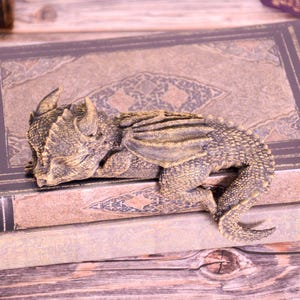 May include: A detailed figurine of a sleeping dragon, in shades of brown and gold, resting on a stack of antique books. The dragon has textured scales and detailed wings. The books have decorative covers.