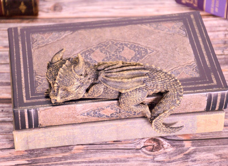 May include: A detailed figurine of a sleeping dragon, in shades of brown and gold, resting on a stack of antique books. The dragon has textured scales and detailed wings. The books have decorative covers.