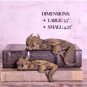 May include: Two detailed dragon figurines, one large at 5.5 inches and one small at 4.25 inches, rest on antique books. The dragons are bronze-colored with textured scales and wings. The books are dark with embossed designs.