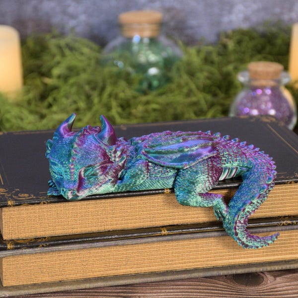 Sleepy Dragon Hatchling Bookshelf Decor – Fantasy Figurine | Book Nook Companion Shelf Sitter