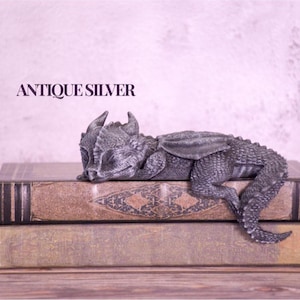 May include: An antique silver dragon figurine resting on two stacked, aged books. The dragon has detailed scales, horns, and wings. The books are brown with decorative patterns. The text "ANTIQUE SILVER" is above the dragon.
