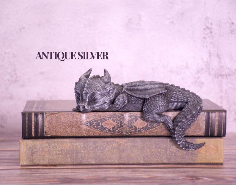May include: An antique silver dragon figurine resting on two stacked, aged books. The dragon has detailed scales, horns, and wings. The books are brown with decorative patterns. The text "ANTIQUE SILVER" is above the dragon.