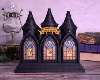 Illuminated Books Read This Year Tracker- Gothic Castle Fantasy Bookish Bookshelf Decor
