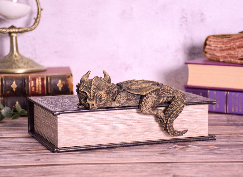 May include: A detailed, bronze-colored dragon figurine resting on a large, antique book. The dragon has textured scales and horns. The book has a decorative cover and aged pages. Other books and a candle holder are in the background.