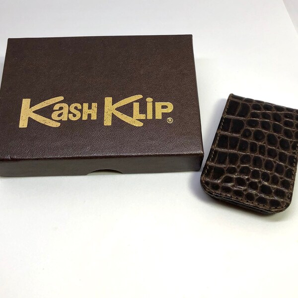 Kash Klip Alligator Grained Brown Leather Money Clip in Box