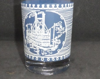 Currier and Ives glass-Blue and white-Paddle Wheel boat -6 oz-juice glass-Vintage-