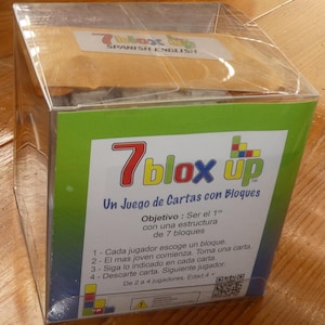 Card game with blocks-7bloxup-Spanish English-Ages 4 and up-Juego de cartas-Bloques de madera-Edad 4 y hasta-Cumpleaños-Kid activity