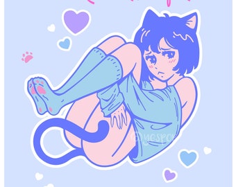 May include: A blue and pink enamel pin featuring a cartoon cat with a sad expression. The cat is curled up with its tail wrapped around its body. The pin has the text "Neko enamel pin" above the cat.