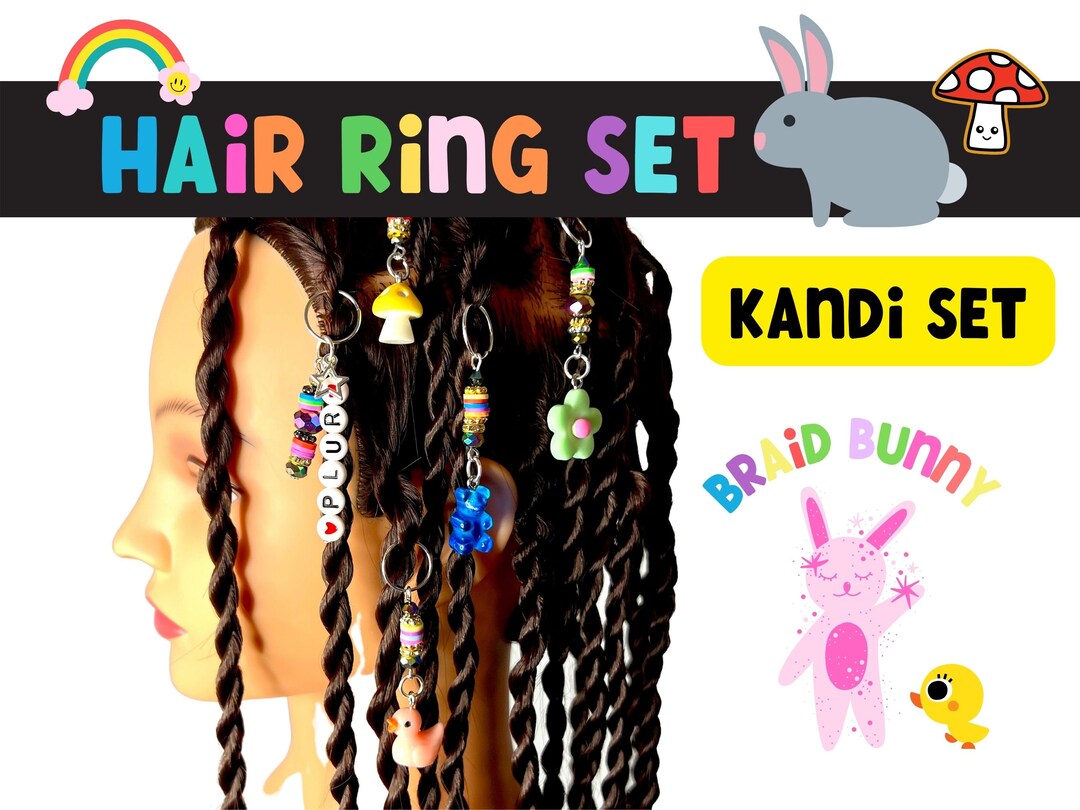 Kandi Hair Rings Set of Five Ready to Ship, Festival Hair, Rave Hair