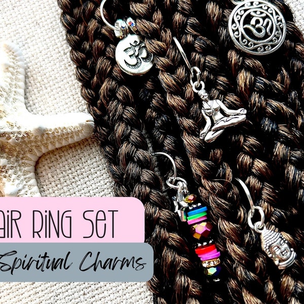 Spiritual Meditation Braid Ring Set with Charms, Set of 5. Hair Jewelry, Braid Rings, Hair Accessories, Loc Jewelry, Budda, AUM