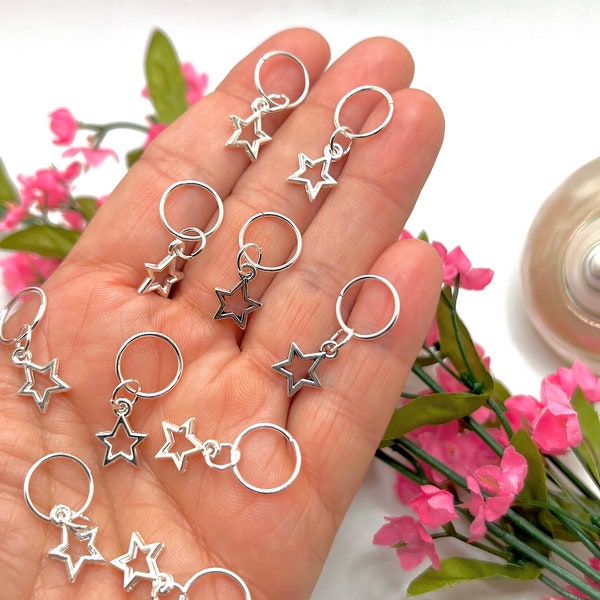 10 Tiny Silver Star Hair Ring Set Festival Rave Hair Rings for Braids, Locs, Hair Jewelry, Hippie Boho Beaded Hair Accessories, Hair Charms