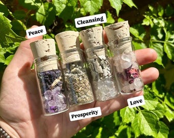 Mini Spell Jar | Peace, Prosperity, Cleansing and Love | Crystal & Herb Intention Bottles