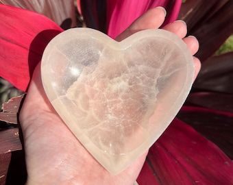 May include: A clear, heart-shaped selenite bowl. The bowl is smooth and polished, with a translucent appearance. It is held in a hand against a background of red leaves.