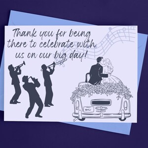 Juego de tarjetas de agradecimiento para bodas: pareja y banda de música