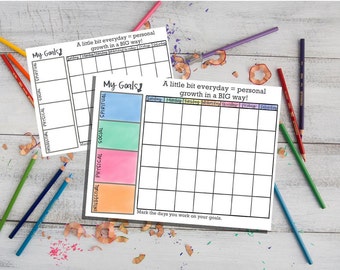 May include: Printable worksheet with a grid for tracking personal goals. The grid is divided into four categories: intellectual, physical, social, and spiritual. The worksheet includes the text "A little bit everyday = personal growth in a BIG way!" and "Mark the days you work on your goals."