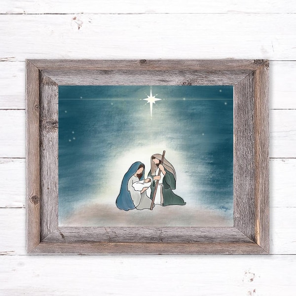May include: A watercolor painting of the nativity scene with Mary, Joseph, and baby Jesus. The painting is set against a blue and white starry night sky with a bright star shining above the family. 