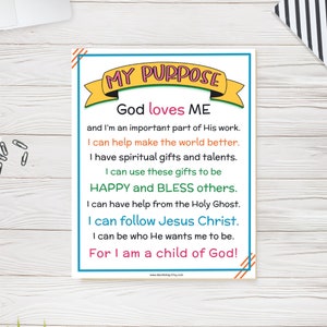 Op de afbeelding: Een printable poster met de tekst "My Purpose" in een kleurrijk banner. De poster stelt "God houdt van mij" en somt redenen op waarom. De poster is een herinnering aan het doel van het leven.