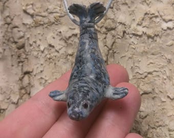 Swimming seal, seal pup,adorable polymer clay pendant, necklace, charm, keychain