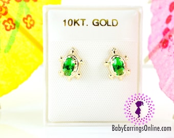 10k Gold Screw back Green Zirconia Turtle Baby Earrings