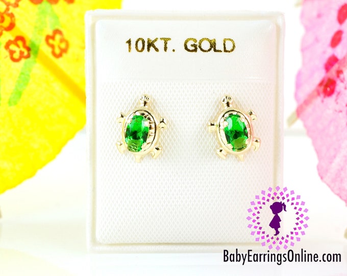 10k Gold Screw back Green Zirconia Turtle Baby Earrings