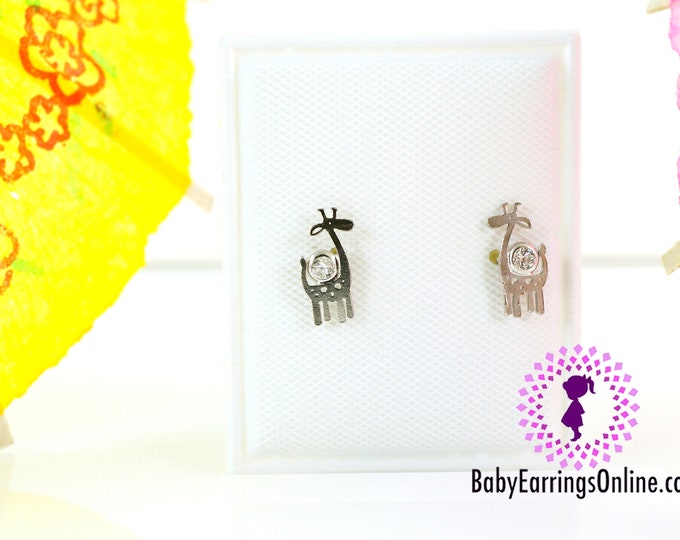 Sterling Silver Screw back Zirconia Giraffe Baby Earrings