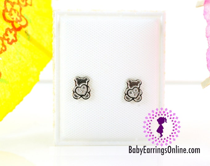 Hearts in Bears Baby Girl Screw back Earrings - Sterling Silver