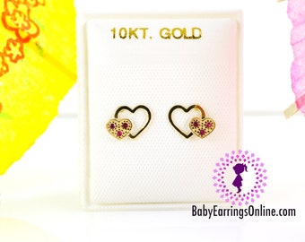 10k Gold Screwback Ruby Red Zirconia Double Hearts Simple Baby Girl Earrings