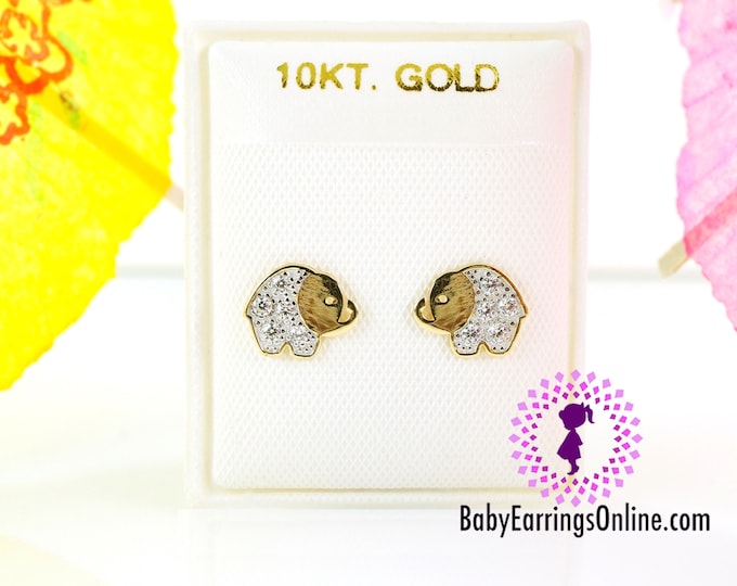 Zirconia Elephant Baby Girl Screw back Earrings - 10k Gold