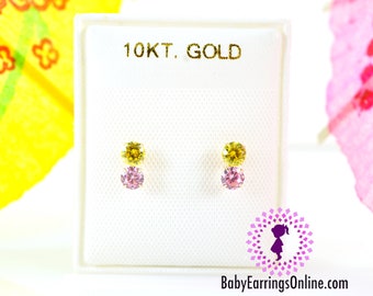 Pink & Yellow Zirconia Baby Girl Screw back Earrings - 10k Gold - 3mm