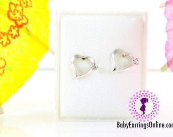 Sterling Silver Screw back Zirconia Hearts Baby Earrings