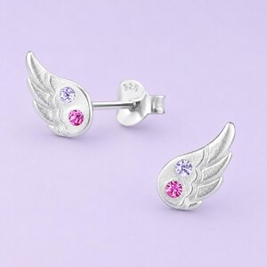 925 Sterling Silver Wing Stud Earrings with Pink & Lilac Crystals