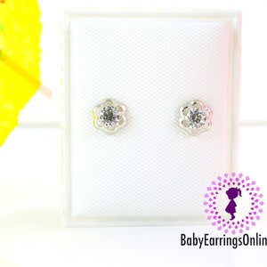 Sterling Silver Screw back Zirconia Flower Baby Earrings image 1
