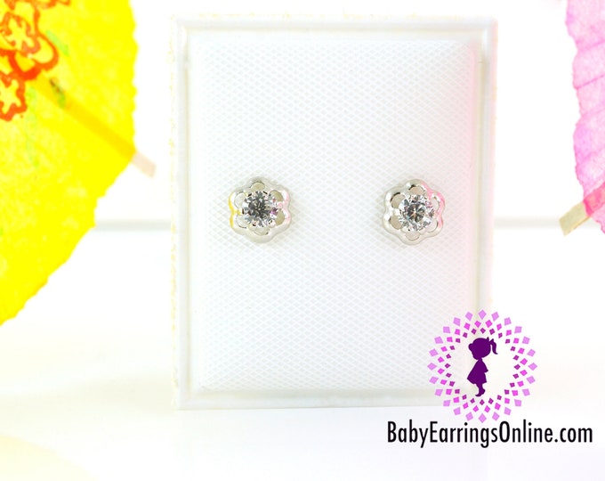 Sterling Silver Screw back Zirconia Flower Baby Earrings