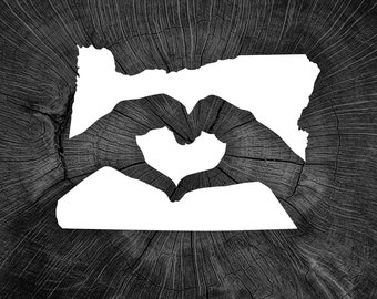Mini Oregon Hands Heart - White Vinyl Decal, High Quality - Car, Laptop, Waterbottle - Local, Trendy, Hip