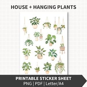 Puede incluir: Una hoja de pegatinas con ilustraciones de acuarela de plantas de interior, incluyendo plantas colgantes en macetas de macramé y plantas en macetas. El texto "HOUSE + HANGING PLANTS" está en la parte superior y "PRINTABLE STICKER SHEET" en la parte inferior.