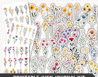 WILDFLOWERS FUSSY Cuts Floral Junk Journal Kit, Ephemera druckbare Aufkleber Schnittblume Pingeliges Schneiden Scrapbook Basteln Ästhetisches Journaling