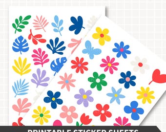 ABSTRAKTE BLUMEN bedruckbare Aufkleber, Blumenblätter hell bunt, 1,5 "breit, loser, einfacher Matisse-Stil, 2 Aufkleberblätter Cricut Scrapbook