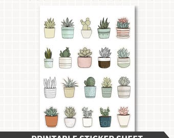 May include: A printable sticker sheet featuring various potted succulents in different shapes and colors. The sheet includes the text "HOUSE PLANT SUCCULENTS" at the top and "PRINTABLE STICKER SHEET" at the bottom. The stickers are in PNG, PDF, Letter/A4 formats.