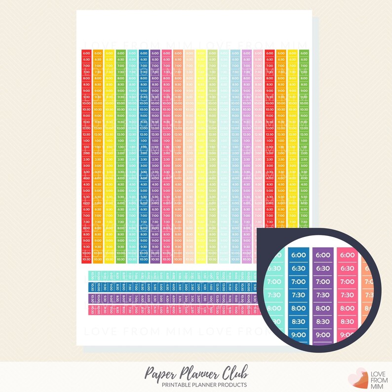 May include: A printable planner sheet with a rainbow of colors and time blocks from 6:00 AM to 9:00 PM. The sheet is designed to help you plan your day and stay organized. The text "Love from Mim Love from Mim" is at the bottom of the sheet.