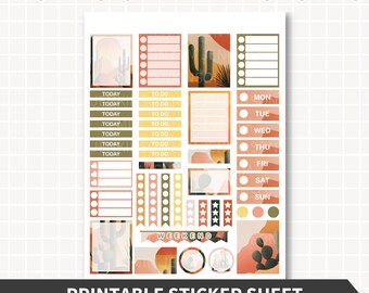 Cactus du désert autocollants imprimables, kit hebdomadaire Saguaro 1 feuille, boîtes en-têtes listes de contrôle Clipart déco autocollants, téléchargement immédiat