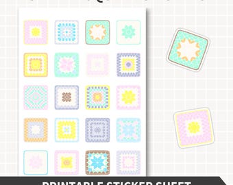 Oma SQUARE Stickers Häkelarbeit Stil Pastell Quadrat Sticker Kit häkeln niedlich dekorative Handwerk Scrapbook Journal PNG Pdf Download Handarbeiten